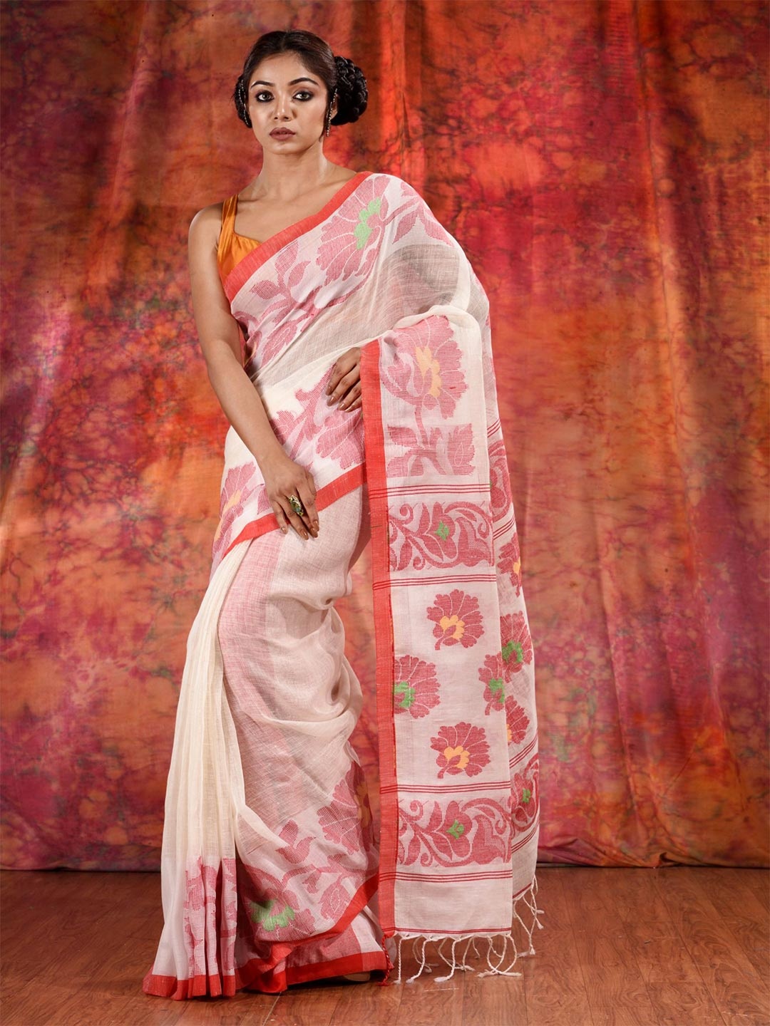 

Charukriti White & Pink Woven Design Pure Linen Saree