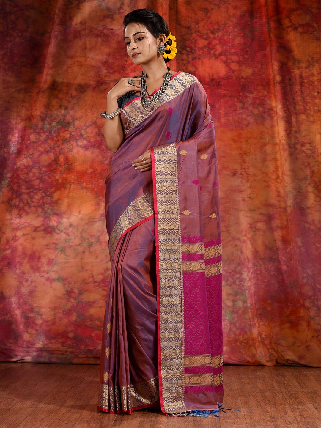 Charukriti Magenta & Gold-Toned Woven Design Silk Blend Saree