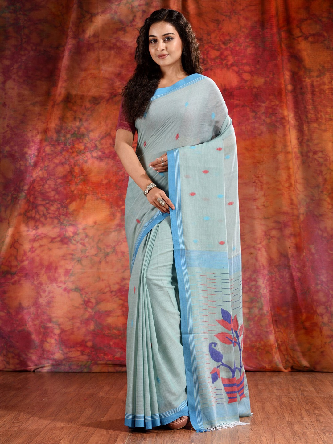 

Charukriti Green & Blue Woven Design Pure Cotton Saree