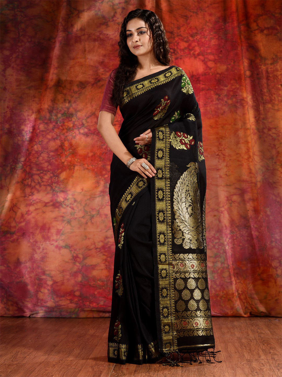 

Charukriti Black & Red Woven Design Zari Pure Linen Saree