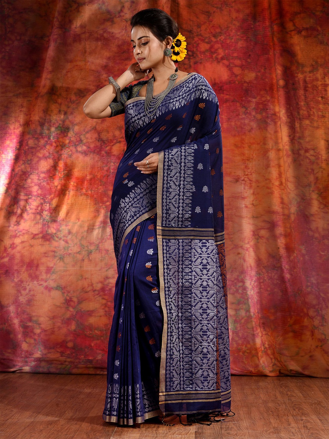 

Charukriti Blue & Silver-Toned Woven Design Pure Cotton Saree