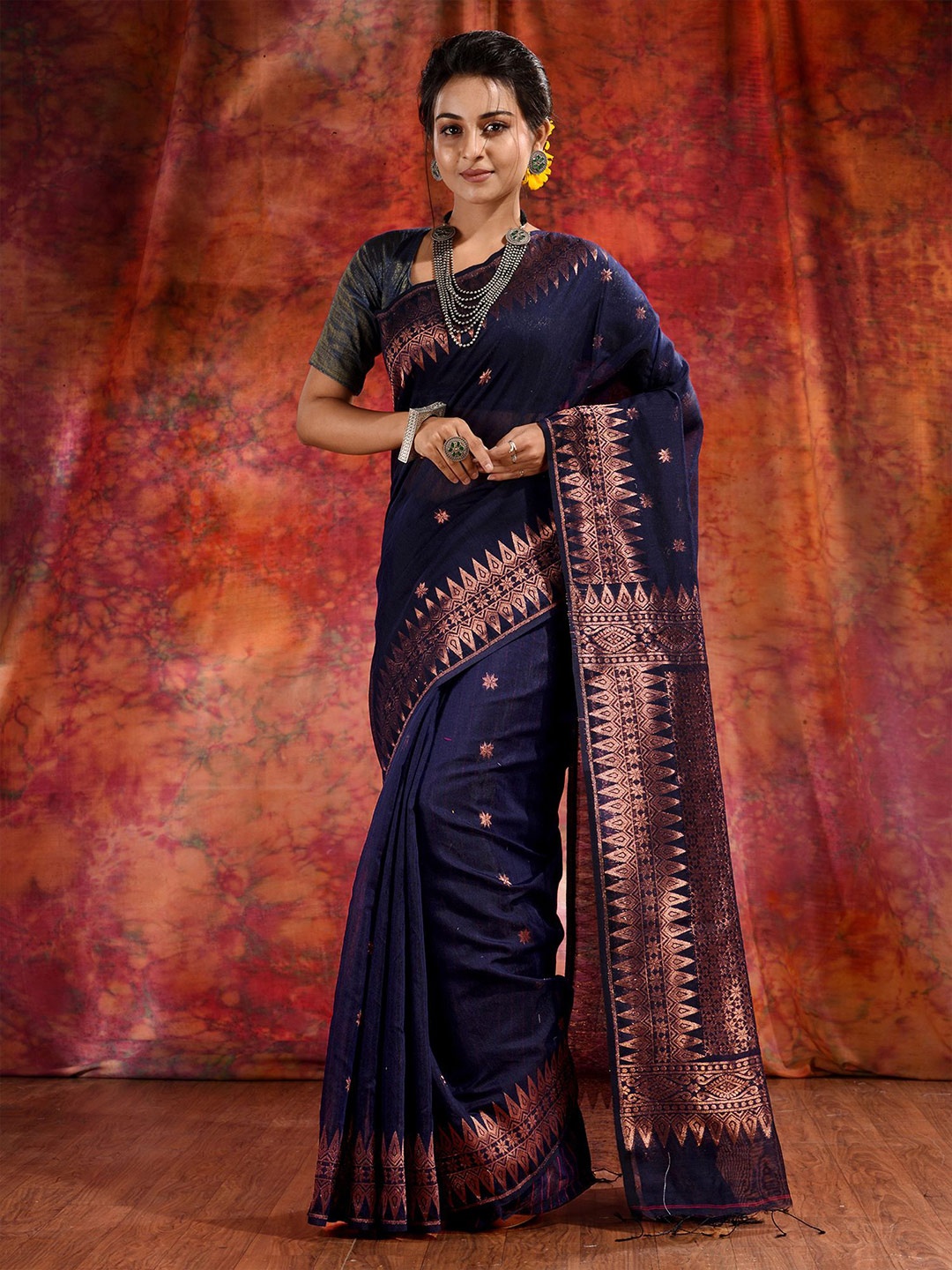 

Charukriti Blue & Gold-Toned Woven Design Zari Silk Cotton Saree