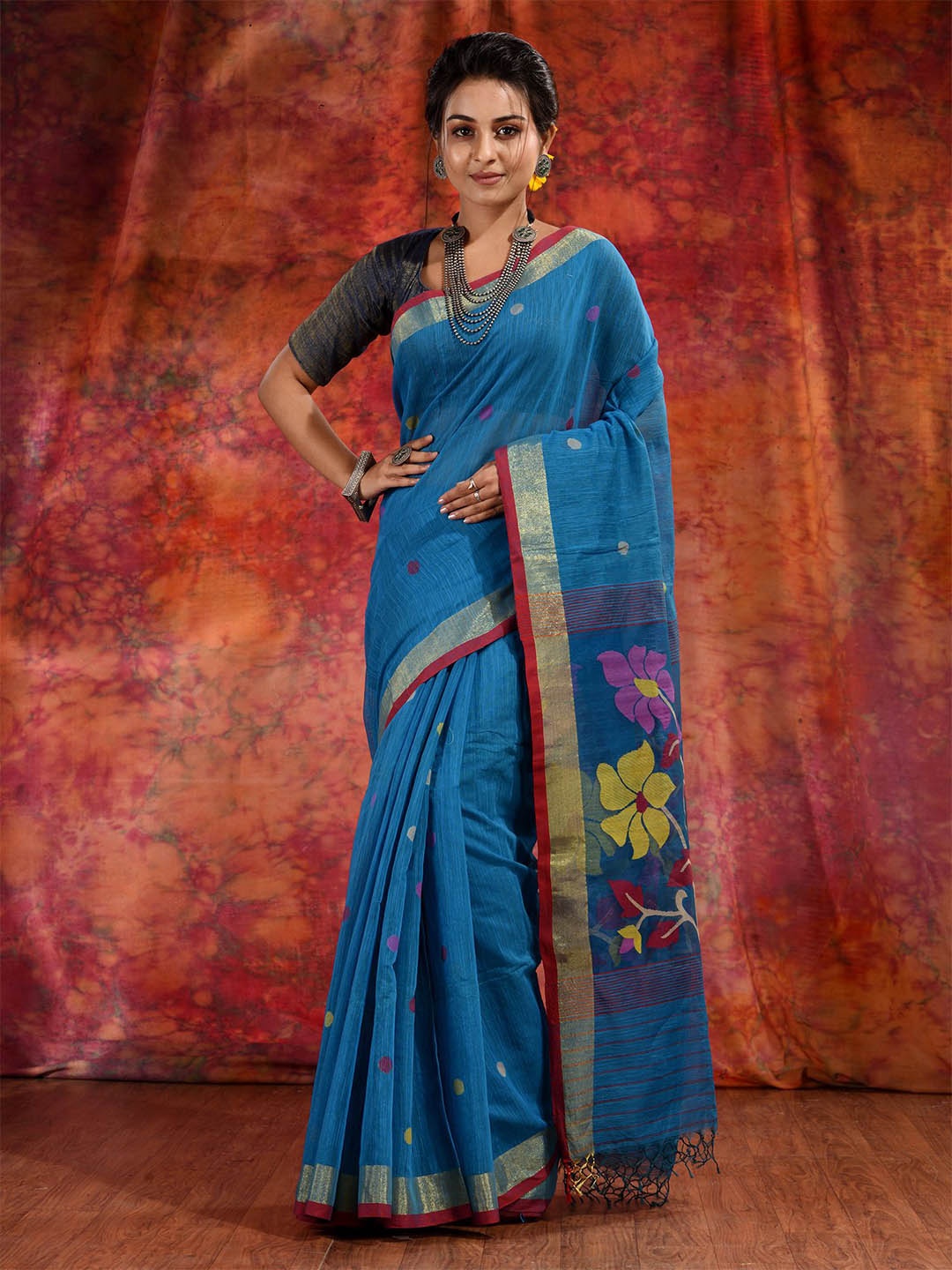 

Charukriti Teal & Pink Floral Woven Design Zari Pure Silk Saree