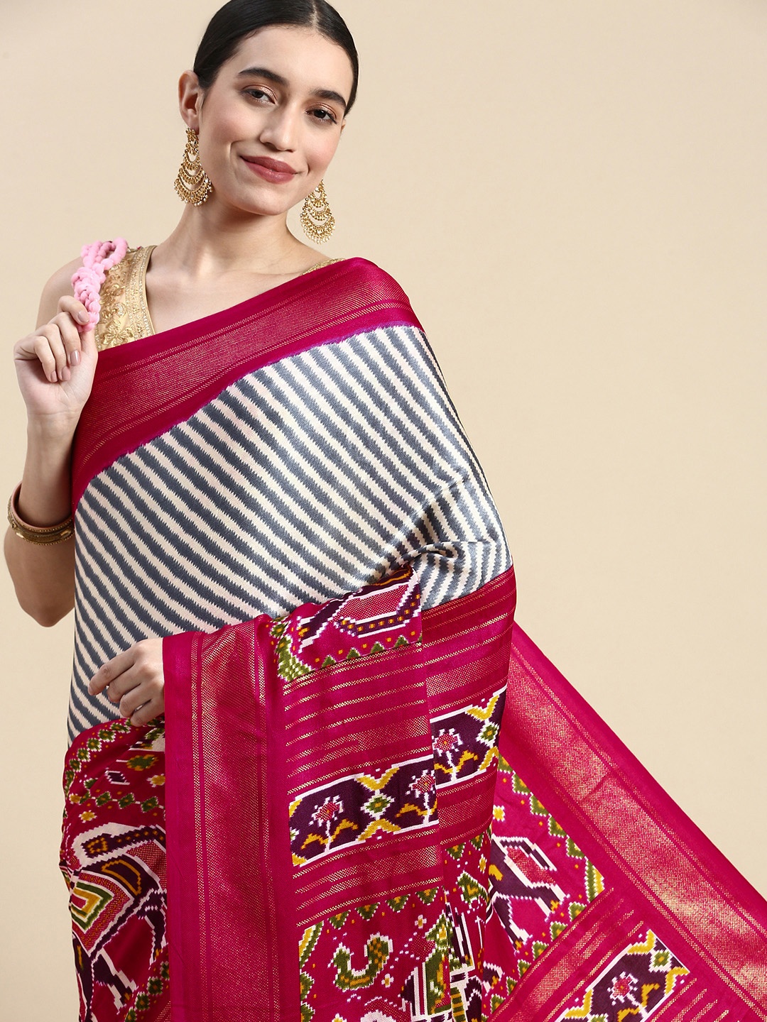 

Mitera Ethnic Motifs Pashmina Silk Saree, Pink