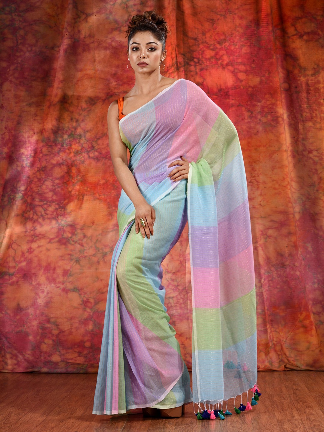 

Charukriti Blue & Green Woven Design Pure Cotton Saree