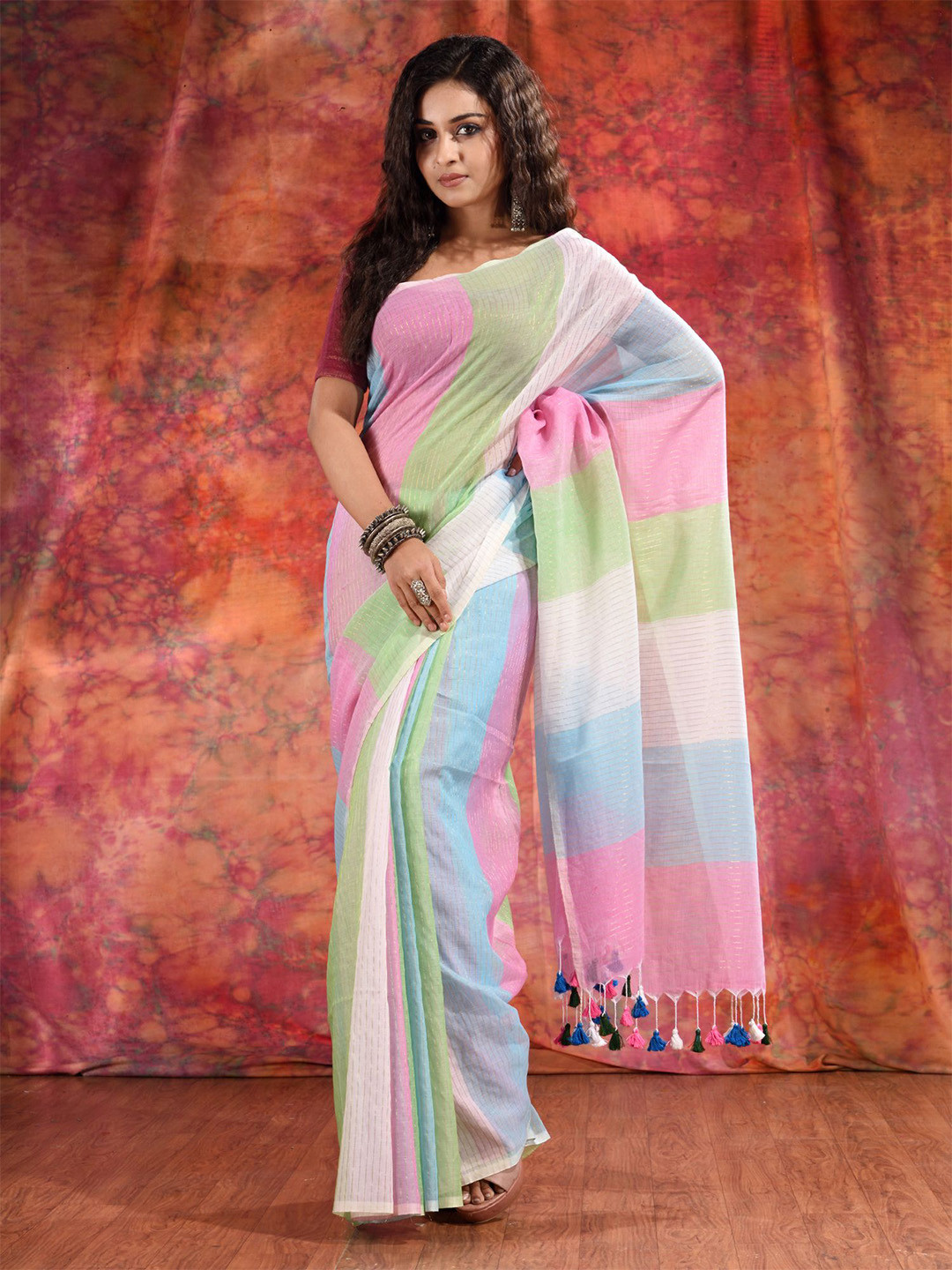 

Charukriti Pink & Green Striped Pure Cotton Saree