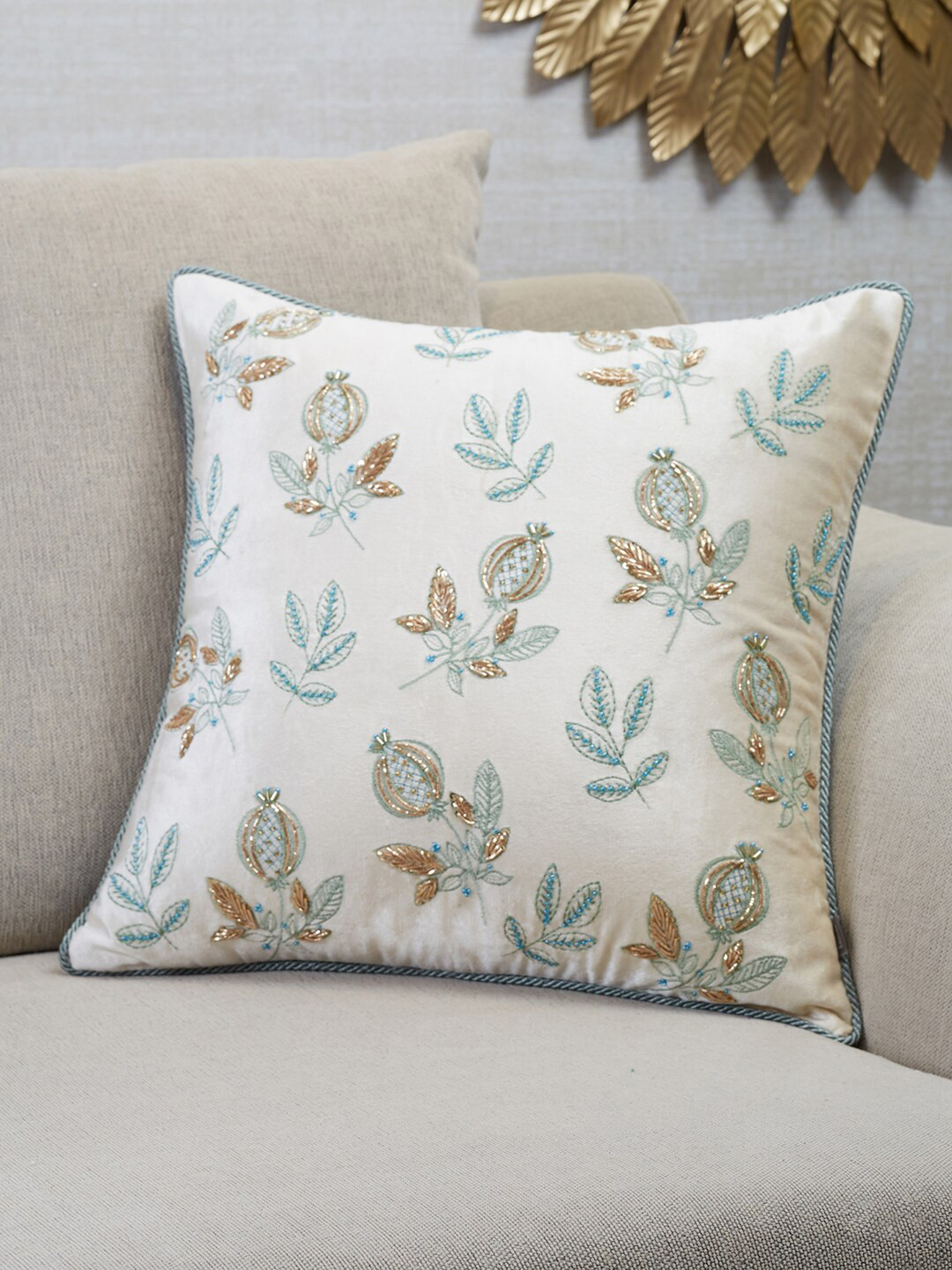 

HomeTown White & Gold-Toned Embroidered Velvet Square Cushion Covers
