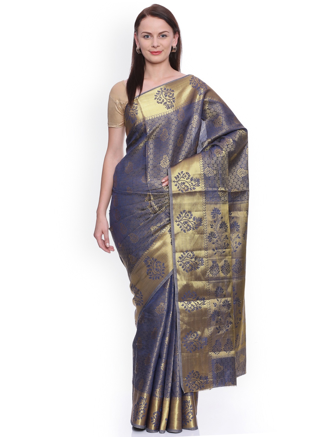 

MIMOSA Navy Art Silk Woven Design Kanjeevaram Saree, Navy blue