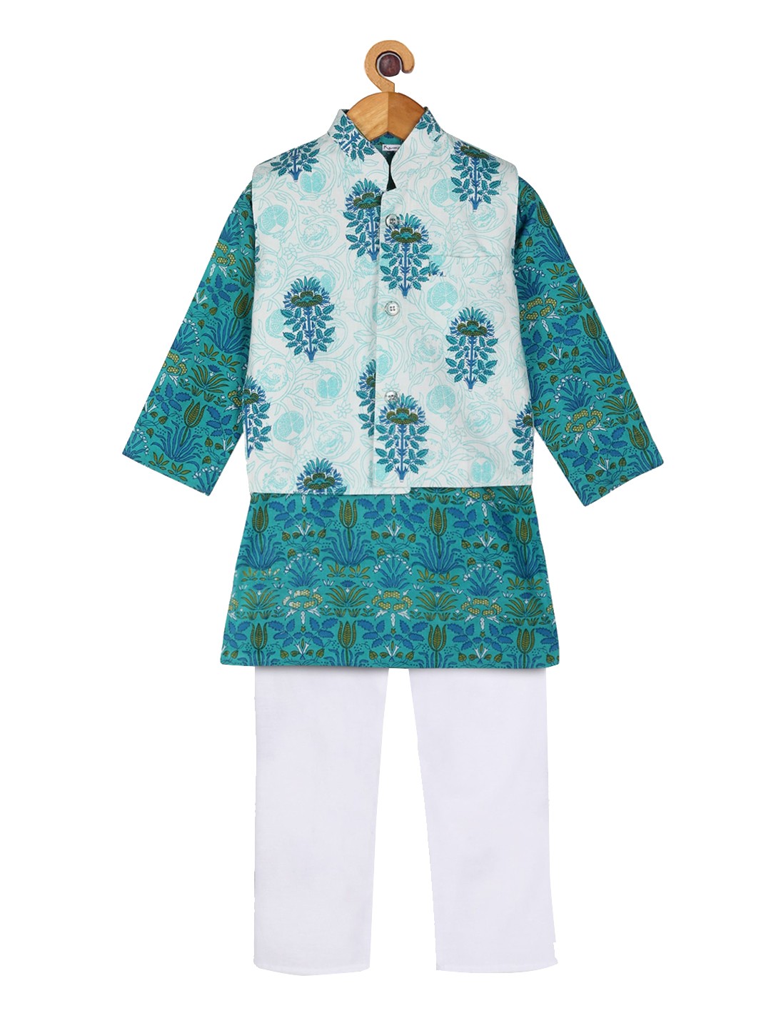 

Ka-mee Boys Blue Floral Printed Pure Cotton Kurta Pyjama with Nehru Jacket