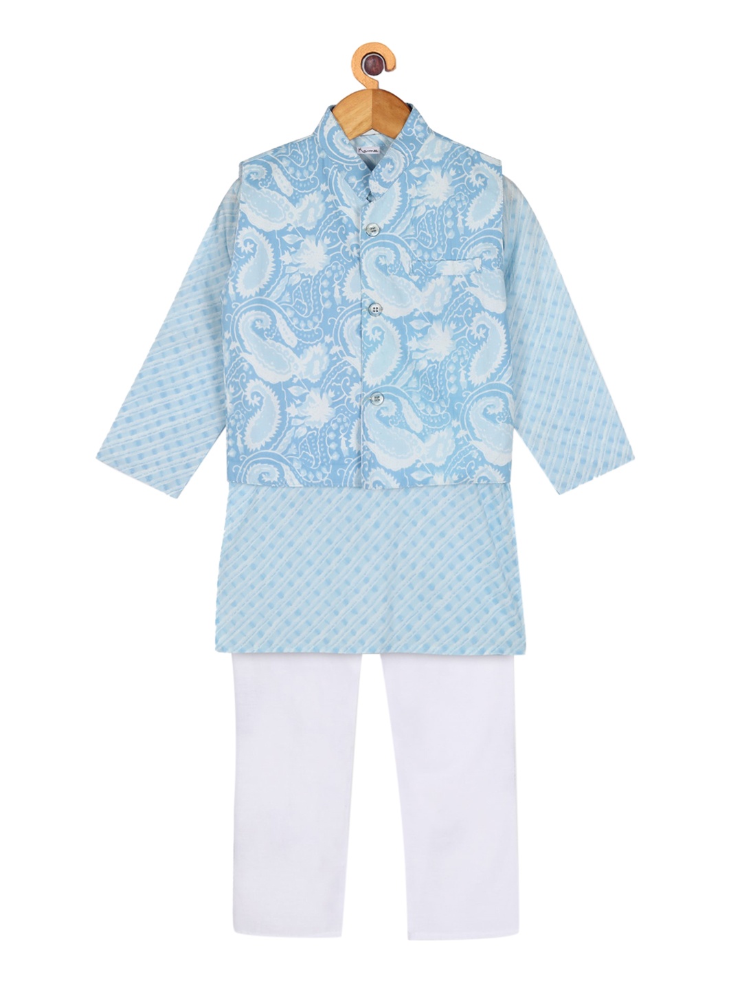 

Ka-mee Boys Blue Printed Pure Cotton Kurta & Pyjamas With Nehru jacket