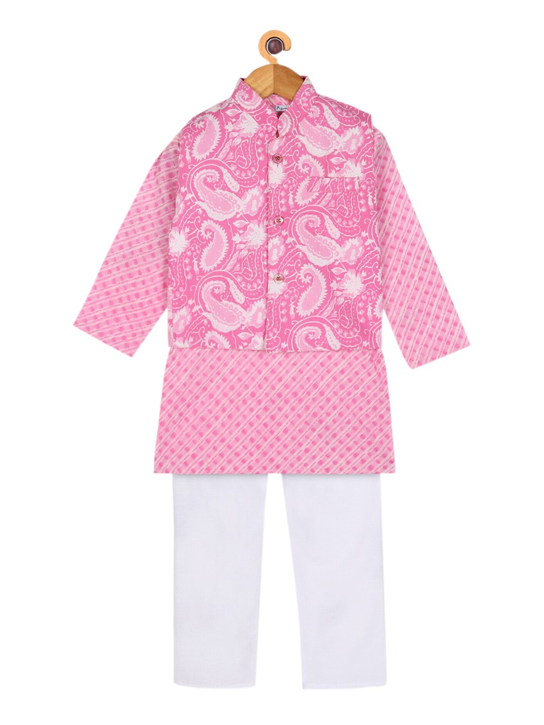 

Ka-mee Boys Pink Printed Pure Cotton Kurta Pyjama with Nehru Jacket