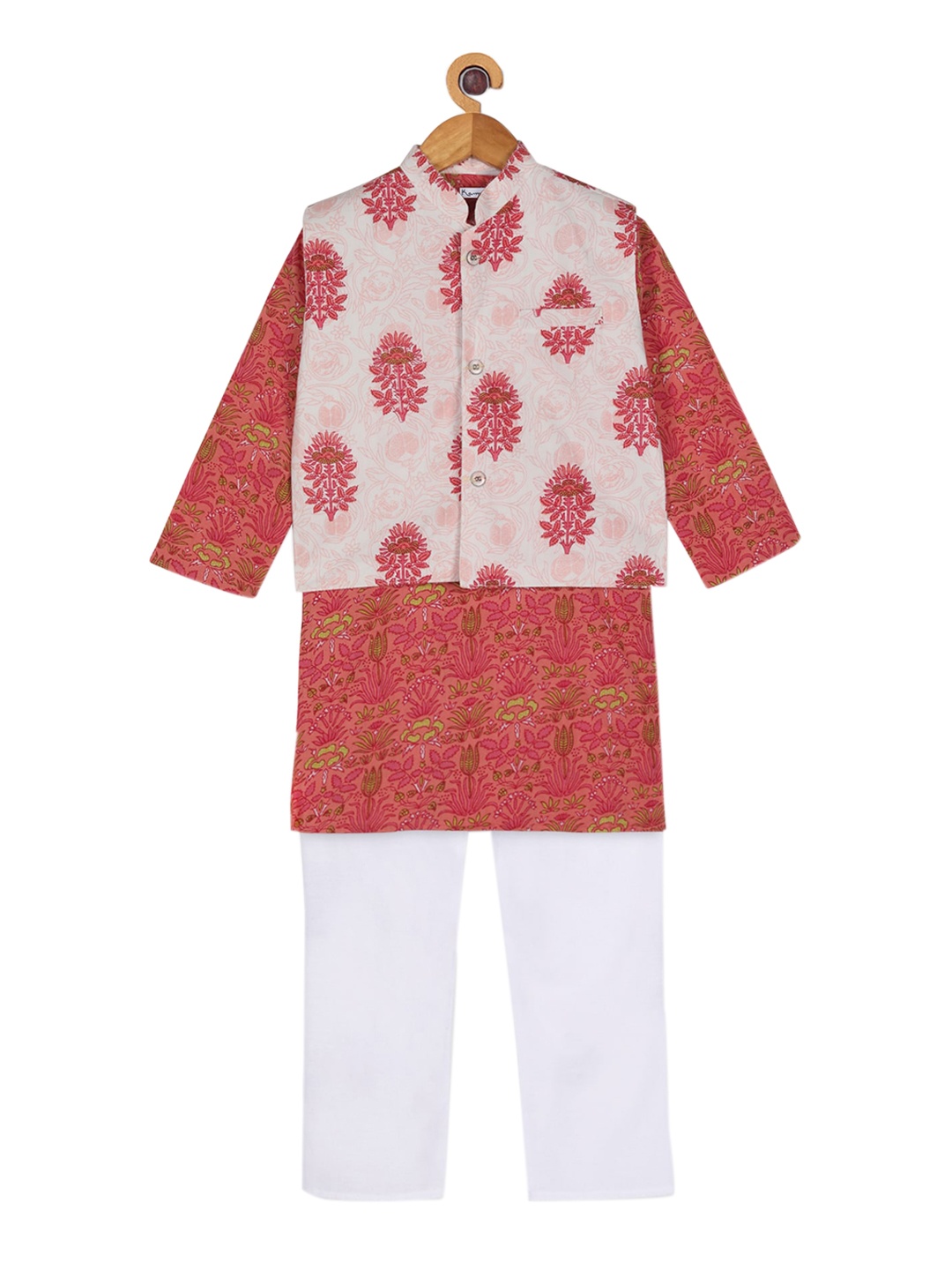 

Ka-mee Boys Pink Floral Printed Pure Cotton Kurta with Pyjamas