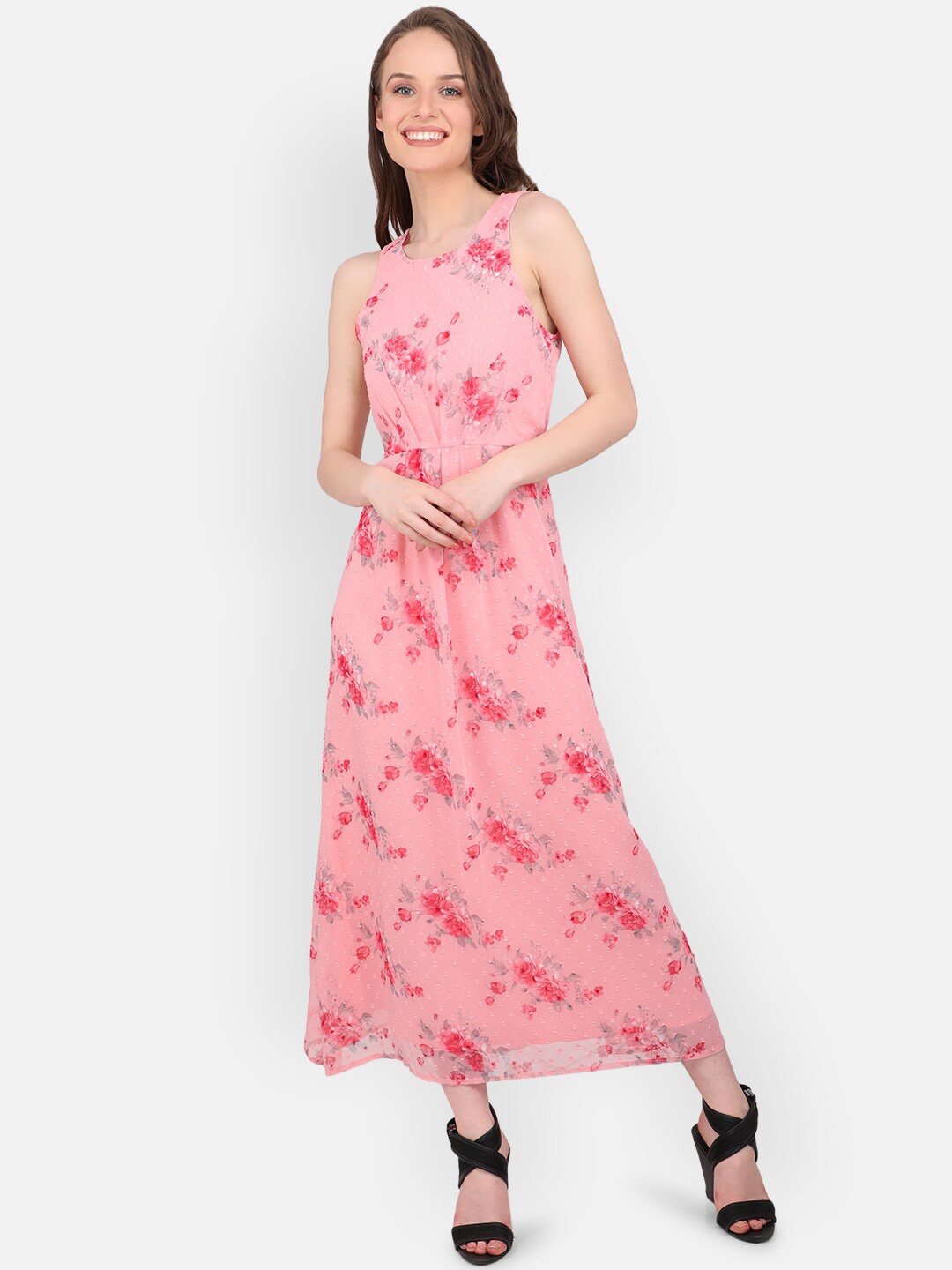 

MARC LOUIS Women Peach-Coloured & Red Floral Maxi Dress