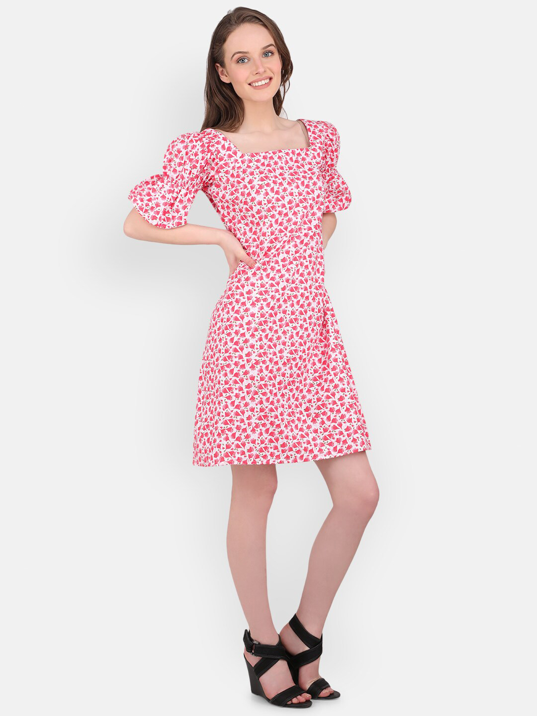 

MARC LOUIS Women Pink & White Floral Printed Dress