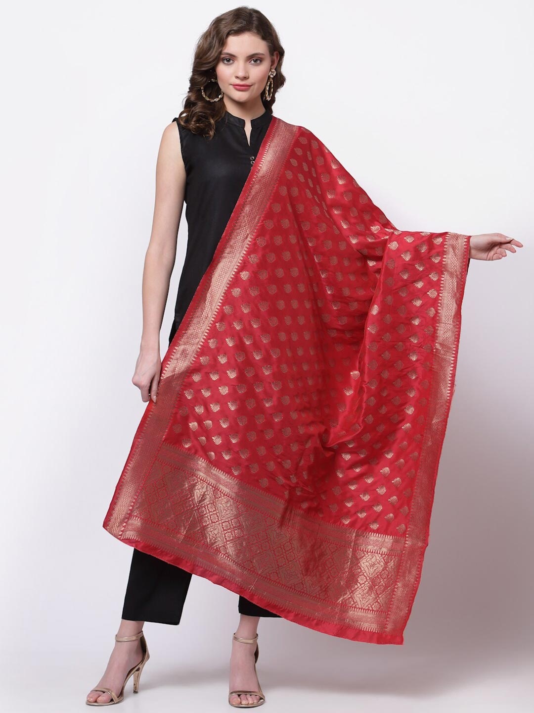 

mf Coral & Gold-Toned Woven Design Banarasi Art Silk Dupatta with Zari