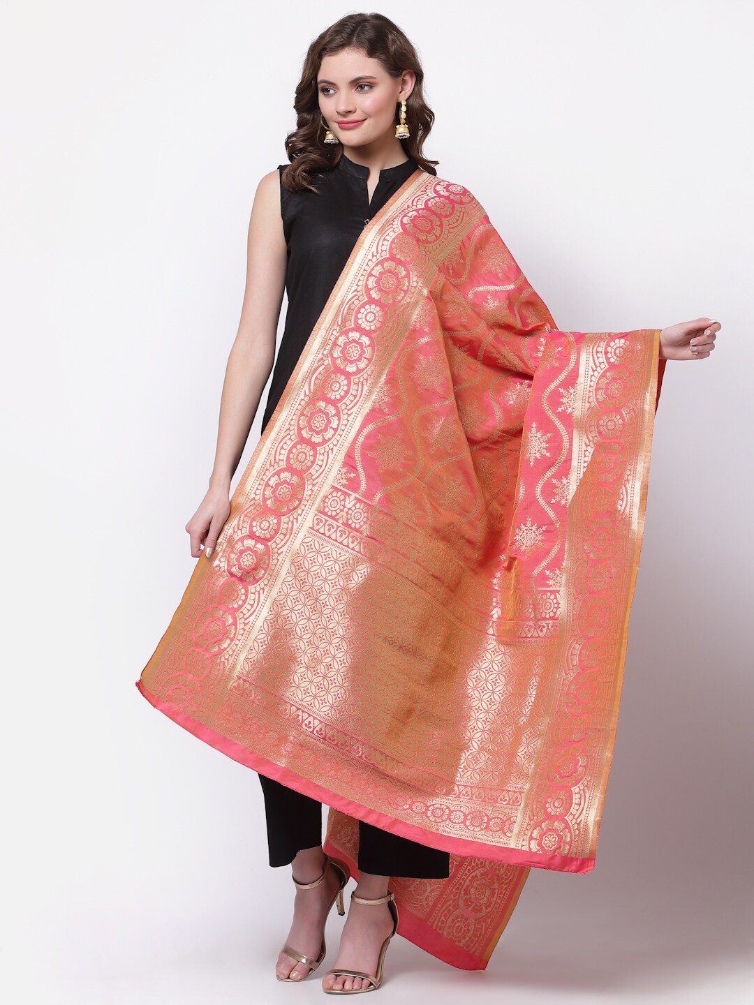 

mf Coral & Gold-Toned Woven Design Art Silk Dupatta with Zari