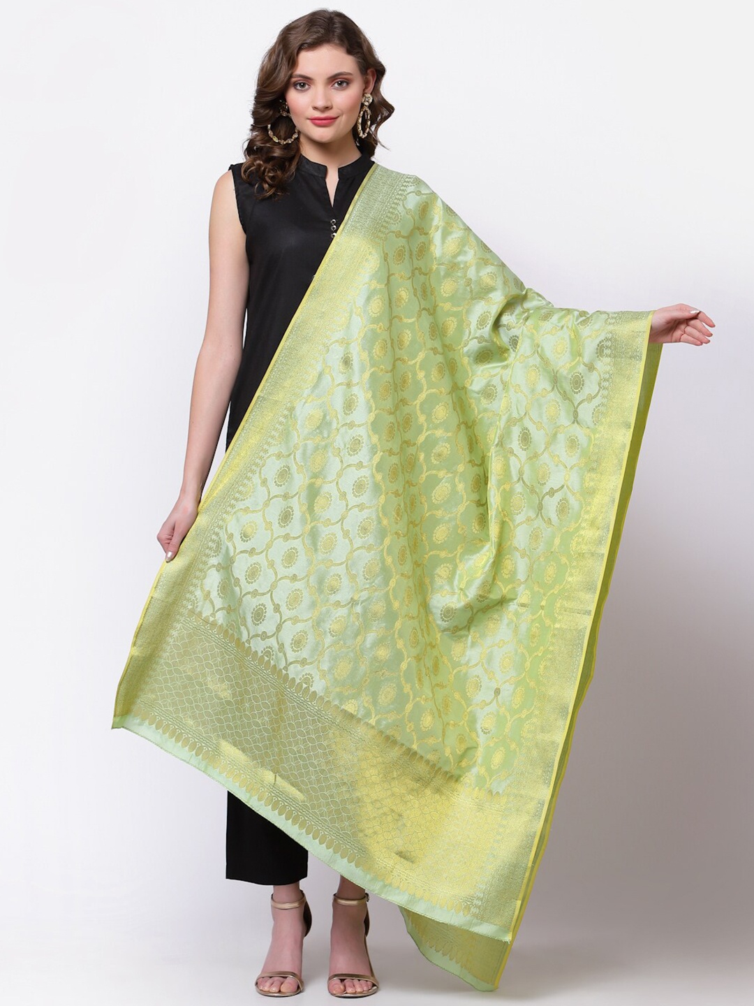 

mf Fluorescent Green & Gold-Toned Woven Design Art Silk Dupatta with Zari