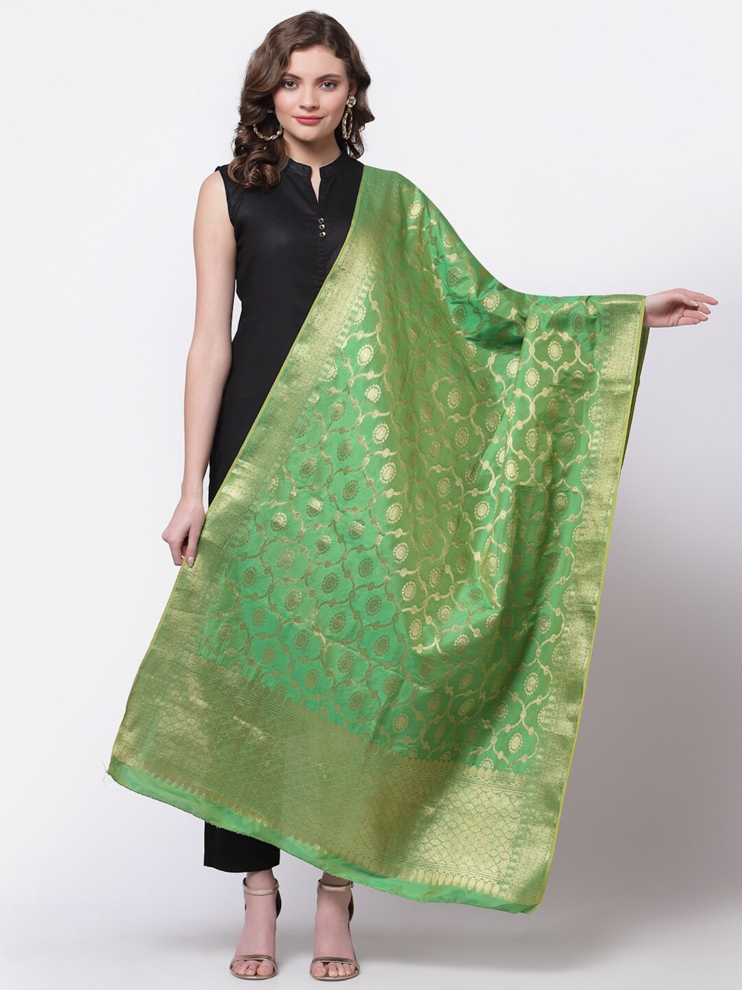 

mf Green & Gold-Toned Ethnic Motifs Woven Design Art Silk Dupatta with Zari