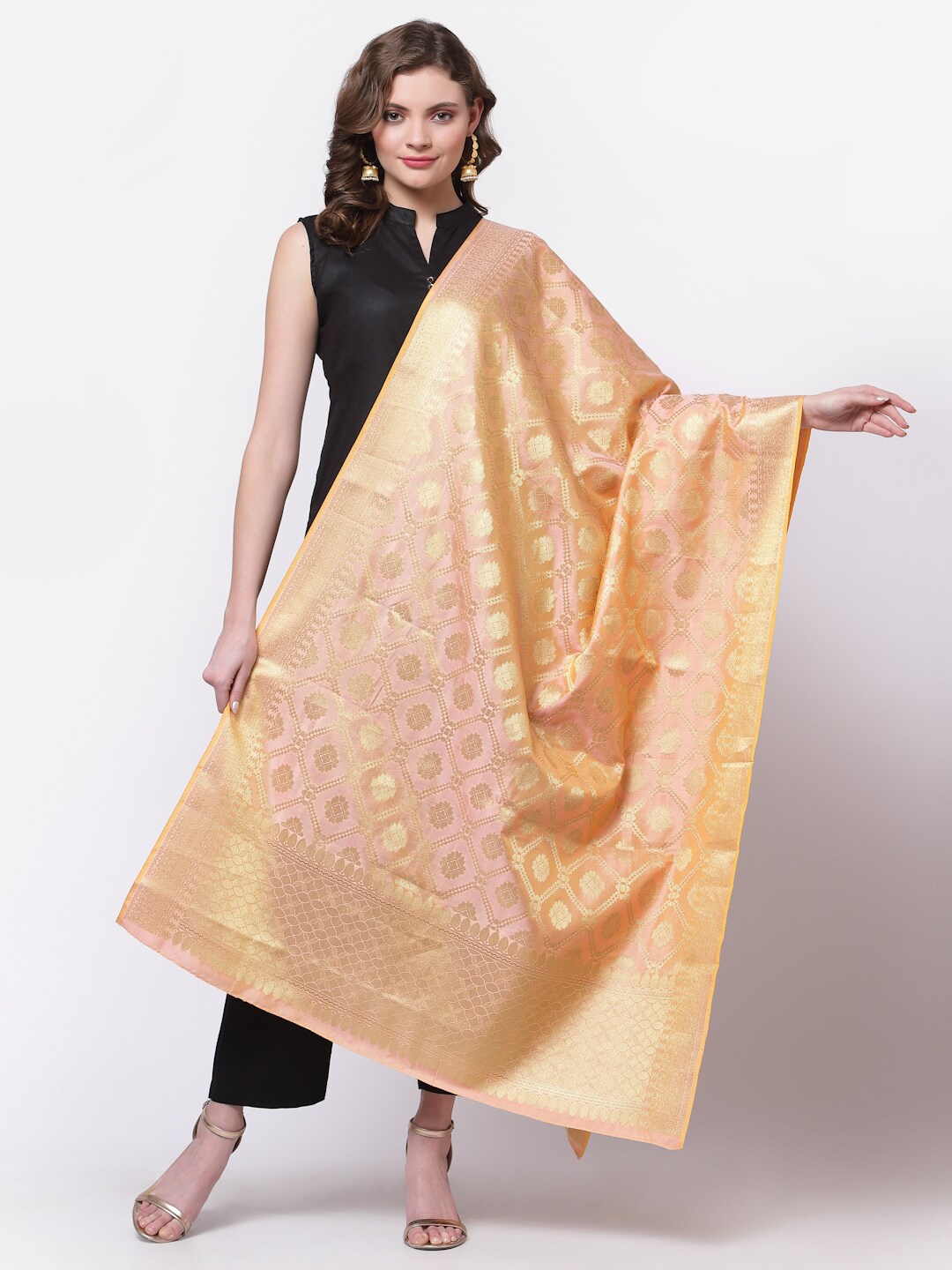 

mf Peach-Coloured & Gold-Toned Woven Design Art Silk Dupatta with Zari