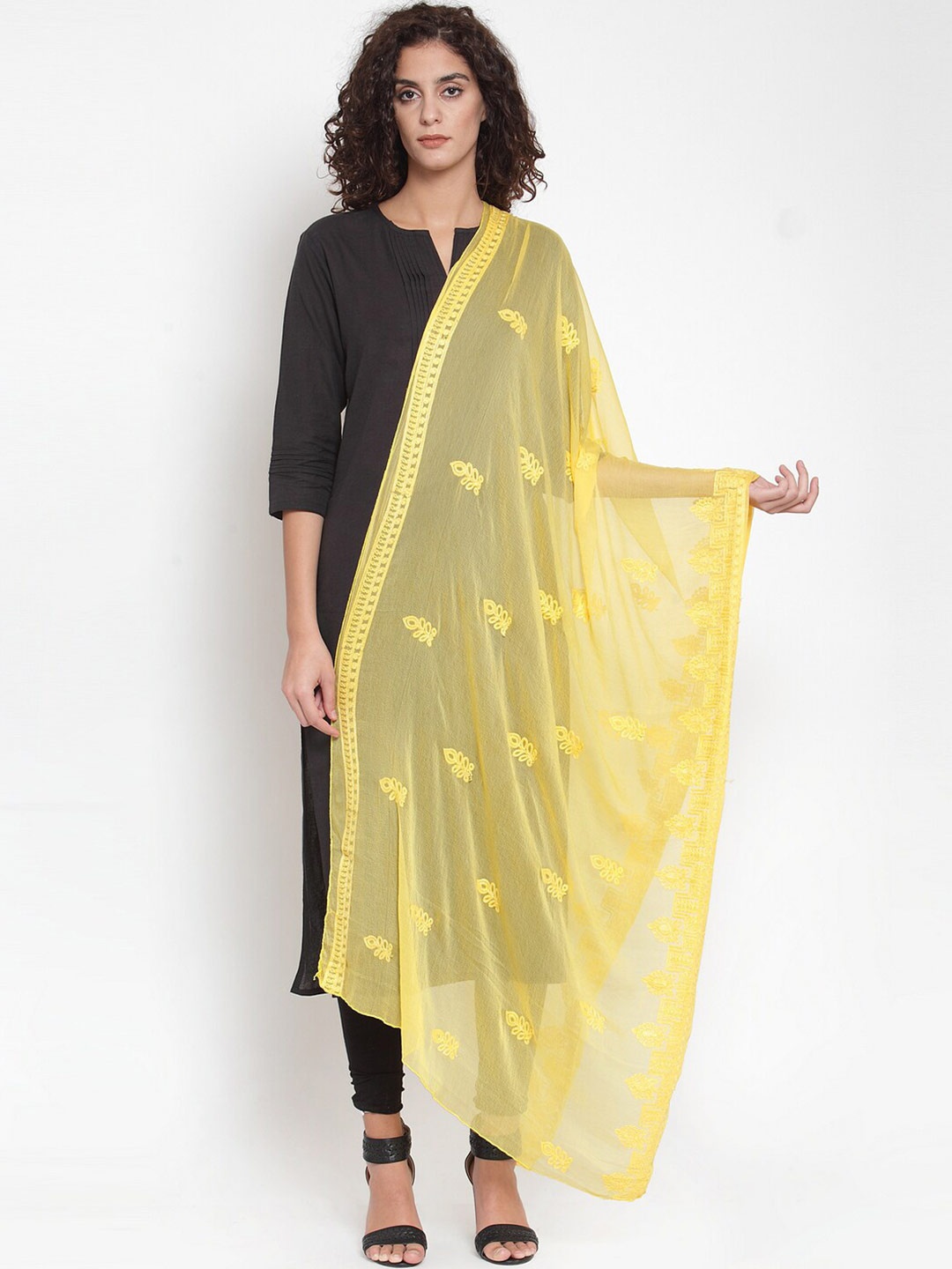 

mf Yellow Embroidered Dupatta with Thread Work