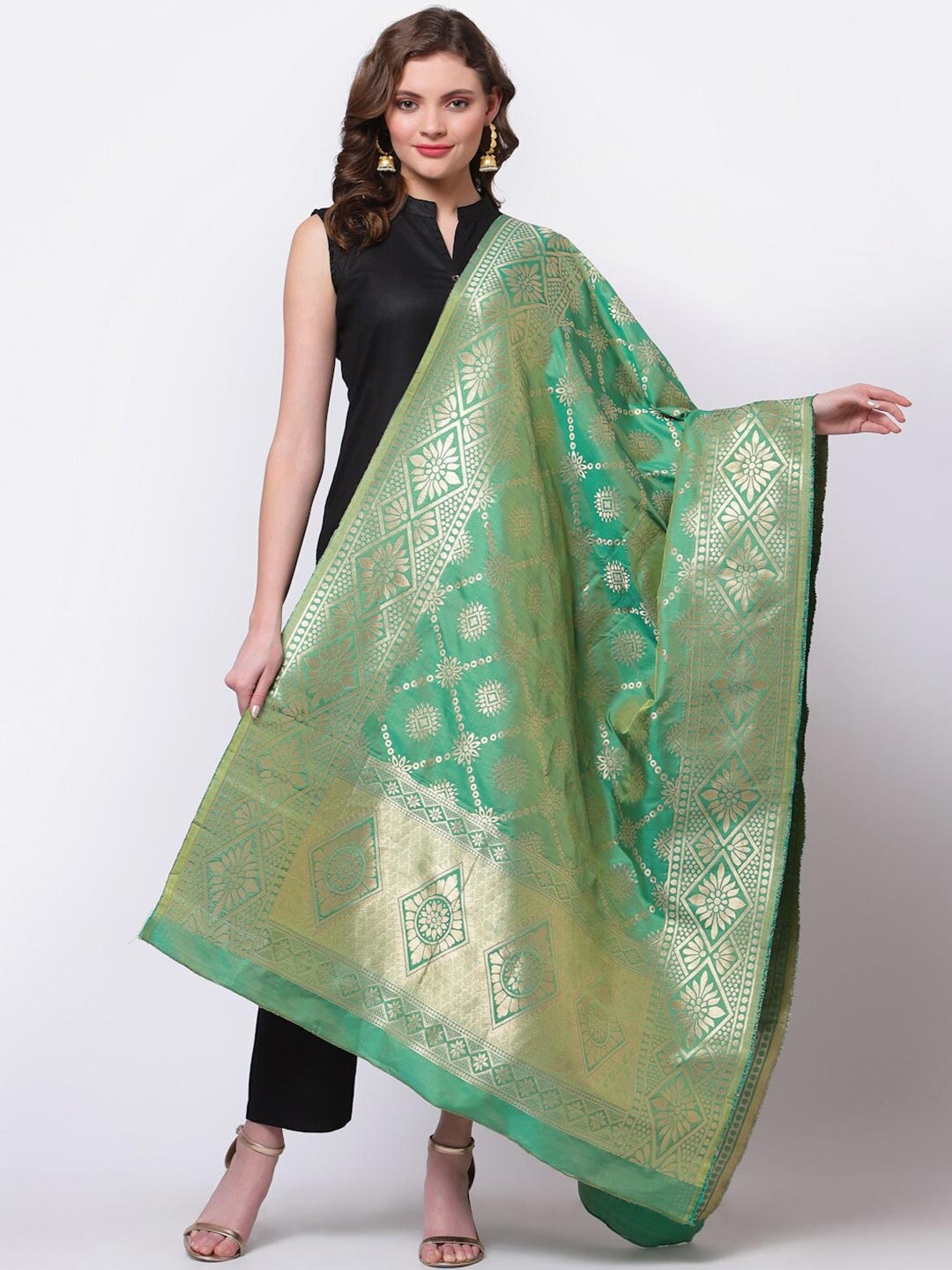 

mf Green & Gold-Toned Ethnic Motifs Woven Design Art Silk Dupatta with Zari