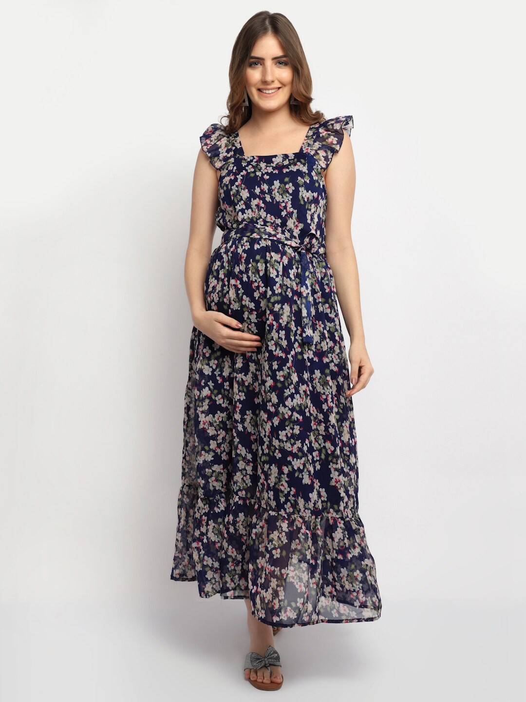 

Moms Maternity Navy Blue Floral Georgette Maternity Maxi Dress