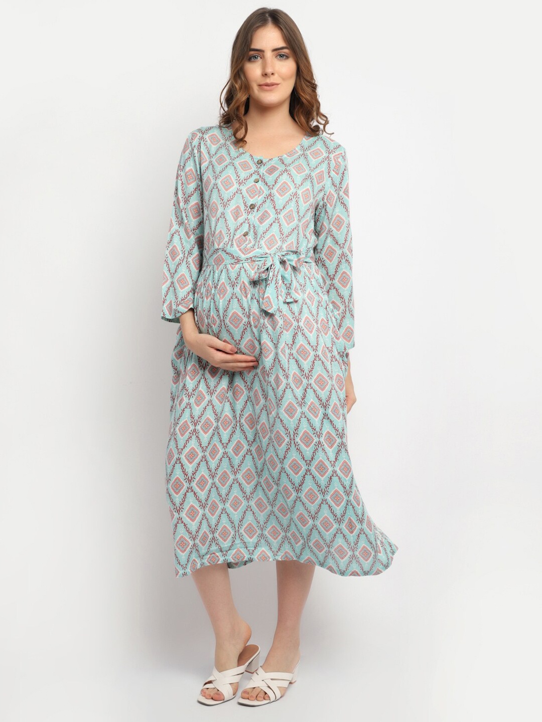 

Moms Maternity Green Ethnic Motifs Maternity Midi Dress