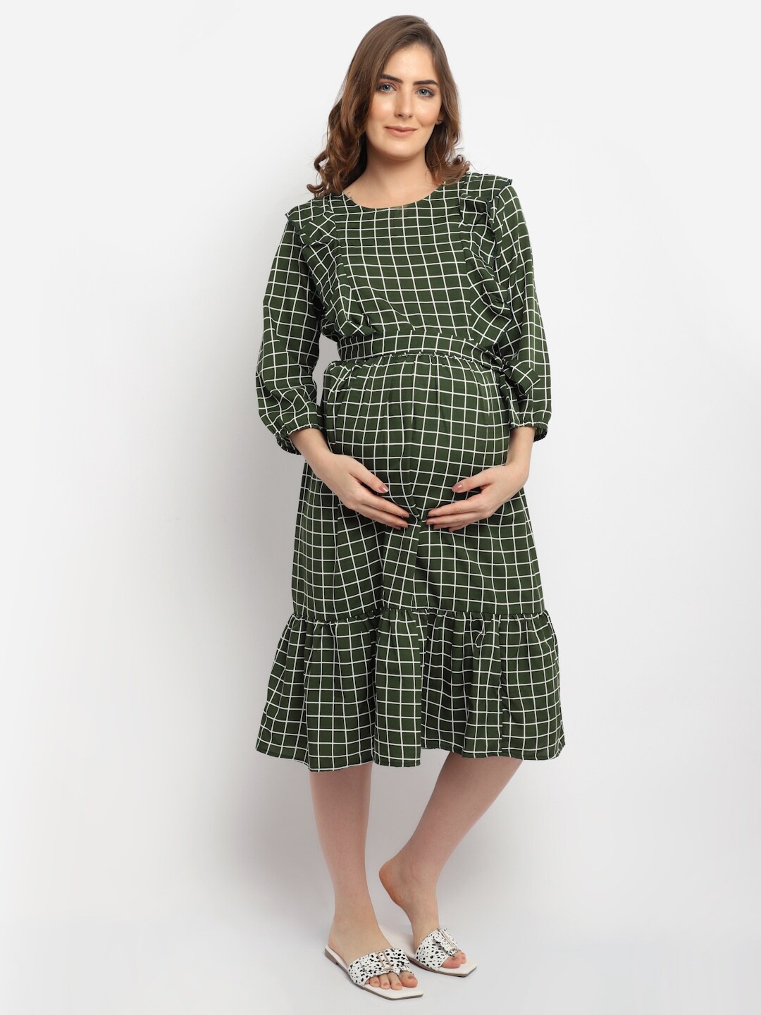 

Moms Maternity Olive Green Checked Crepe Maternity Midi Dress