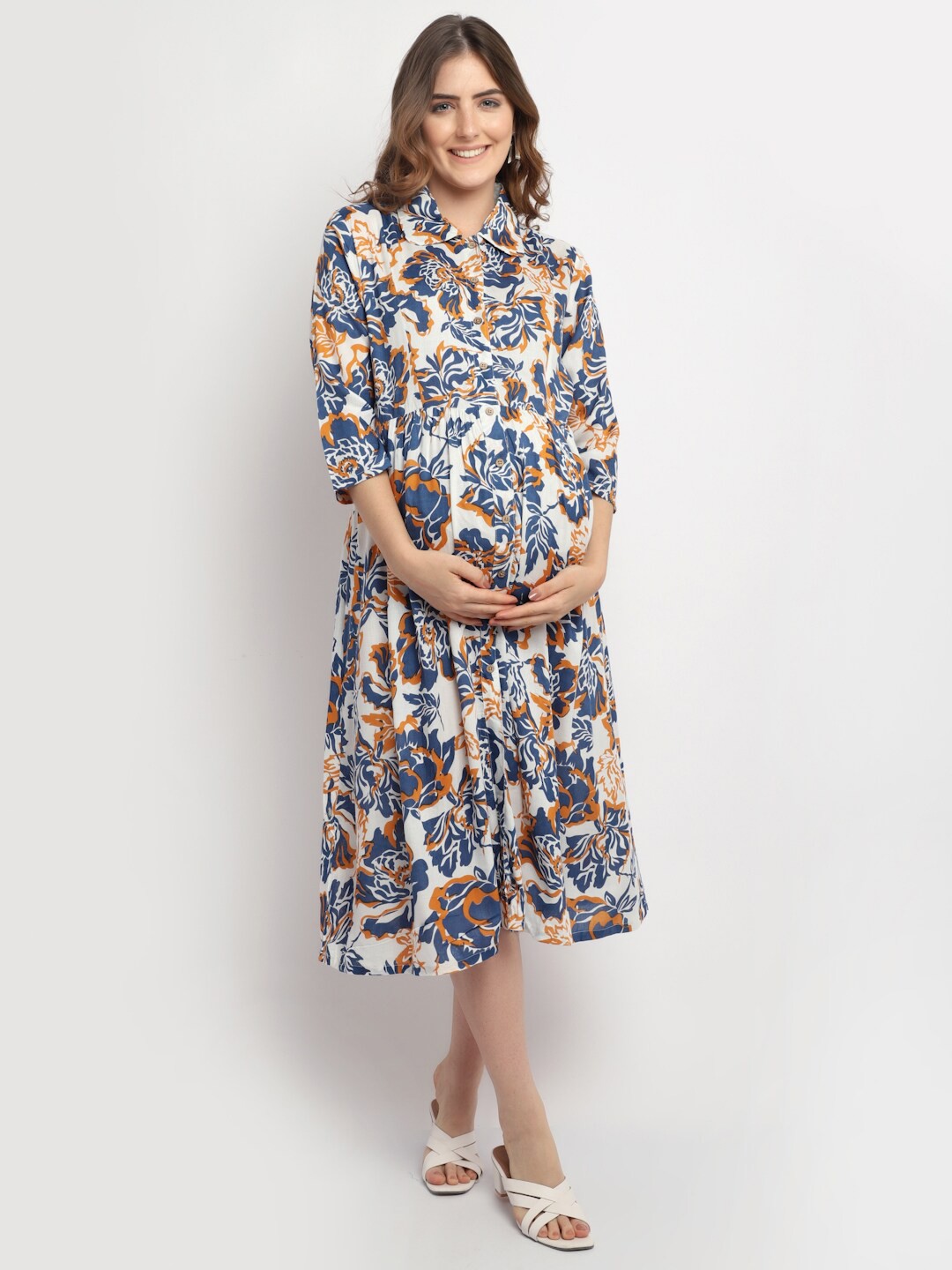 

Moms Maternity Blue Floral Maternity Shirt Midi Dress