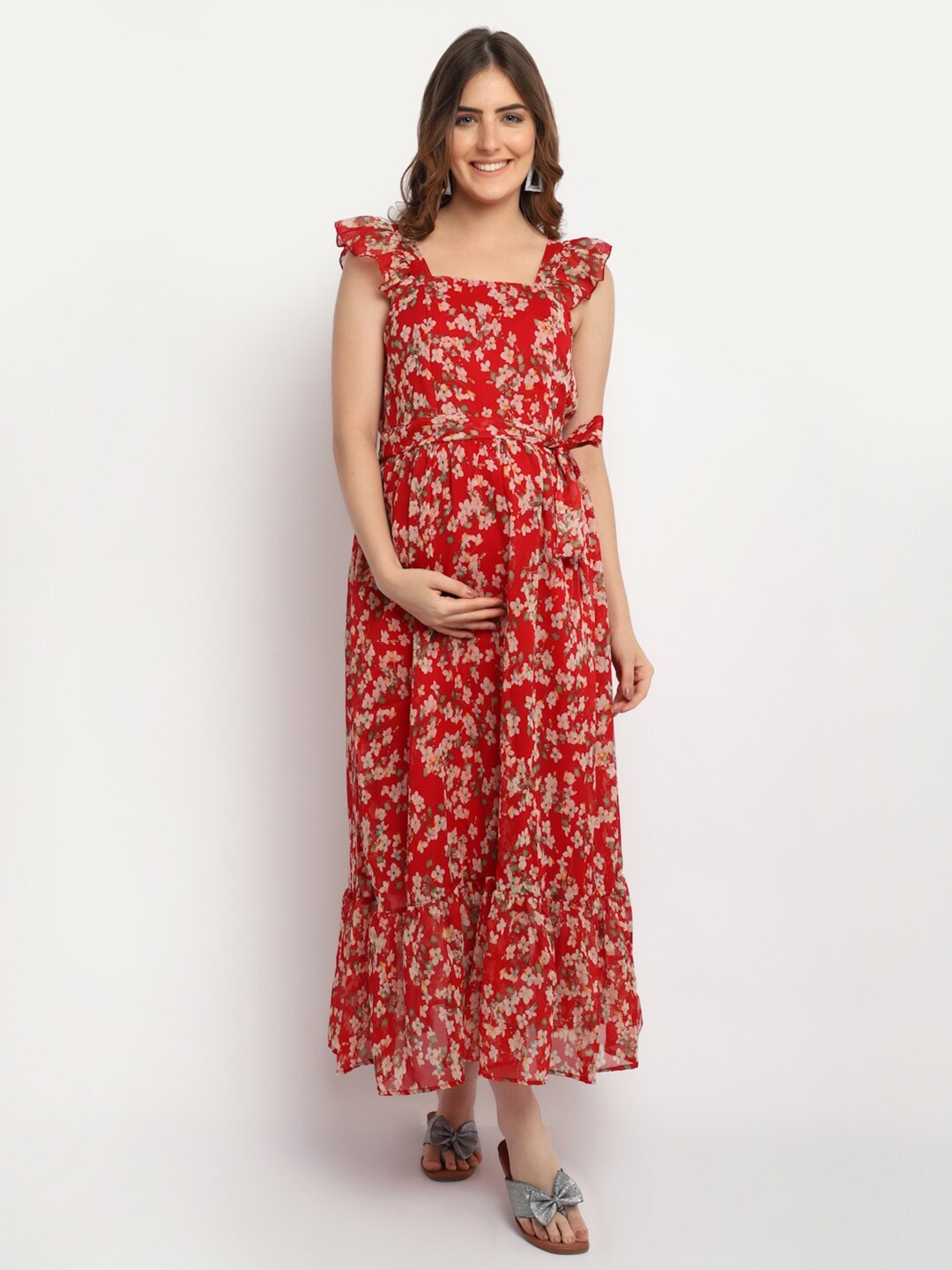 

Moms Maternity Red Floral Georgette Maternity Maxi Dress