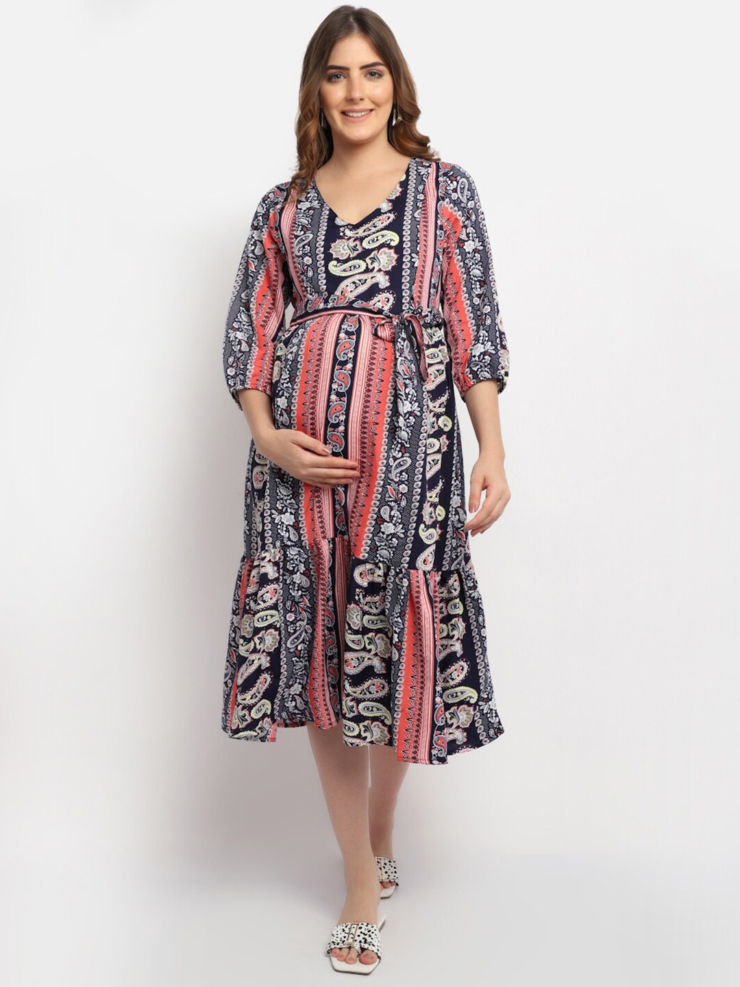 

Moms Maternity Multicoloured Floral Crepe Maternity Midi Dress, Multi