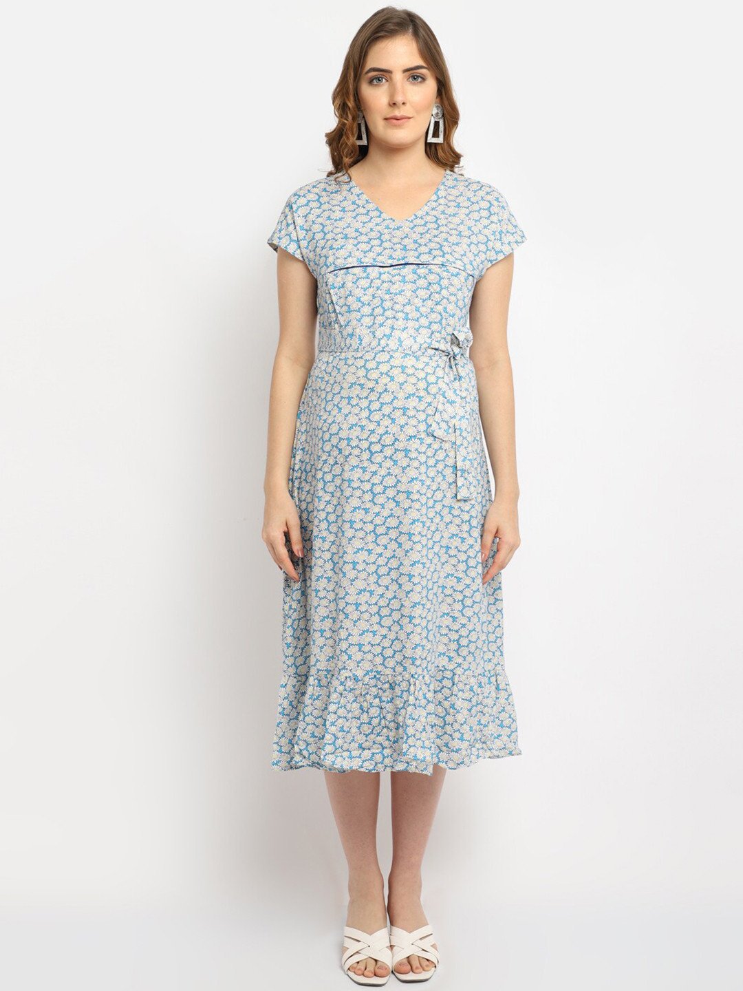 

Moms Maternity Blue Floral Maternity A-Line Midi Dress