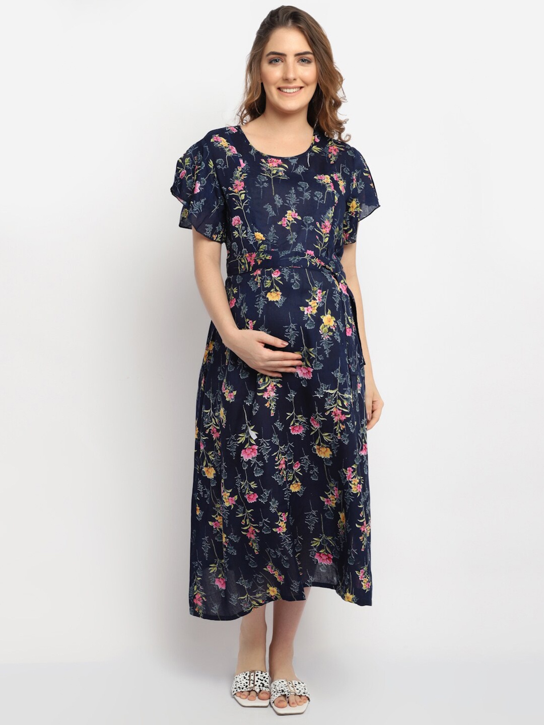 

Moms Maternity Navy Blue Floral Maternity Midi Dress