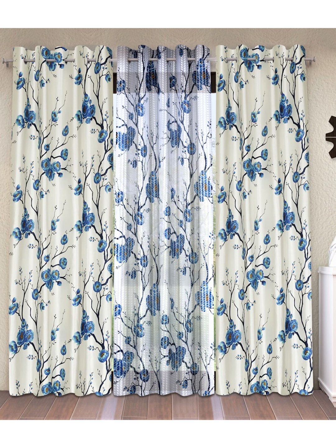

Fashion String Blue & White Set of 3 Floral Window Curtain