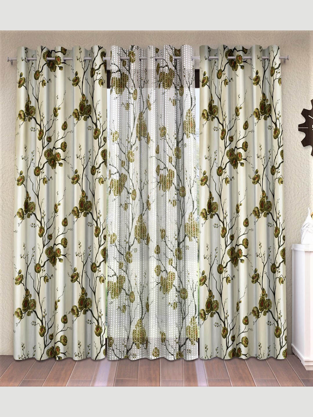 

Fashion String Green & White Set of 3 Floral Window Curtain