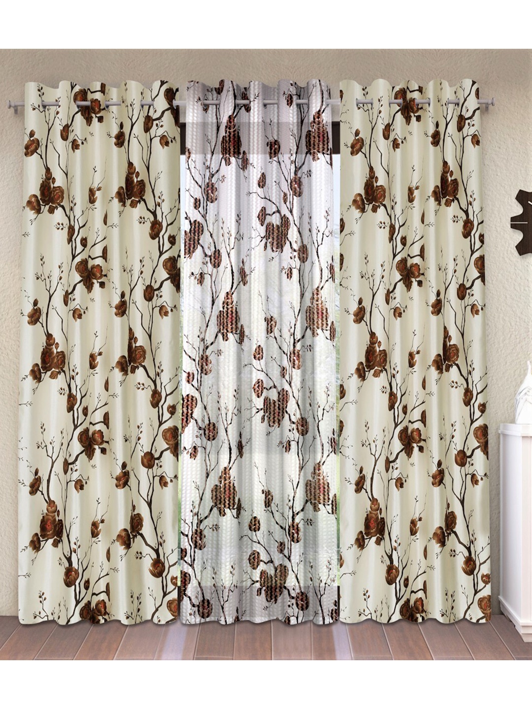 

Fashion String Brown & Off White Set of 3 Floral Window Curtain