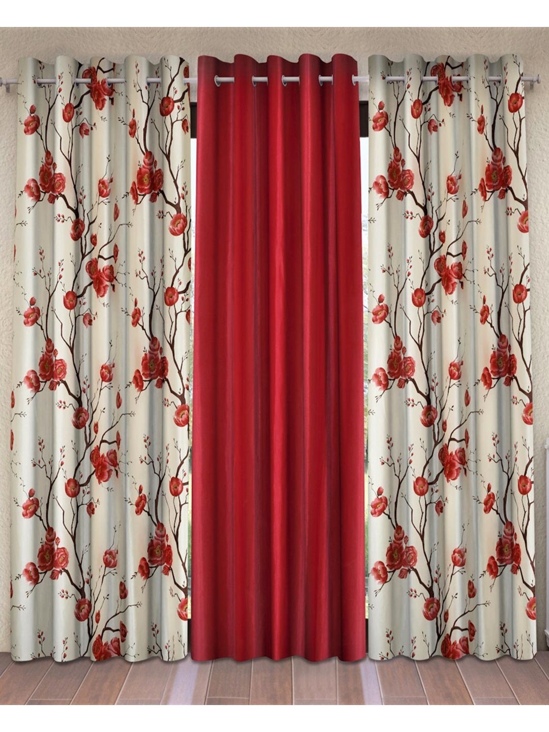 

Fashion String Red & White Set of 3 Floral Long Door Curtain