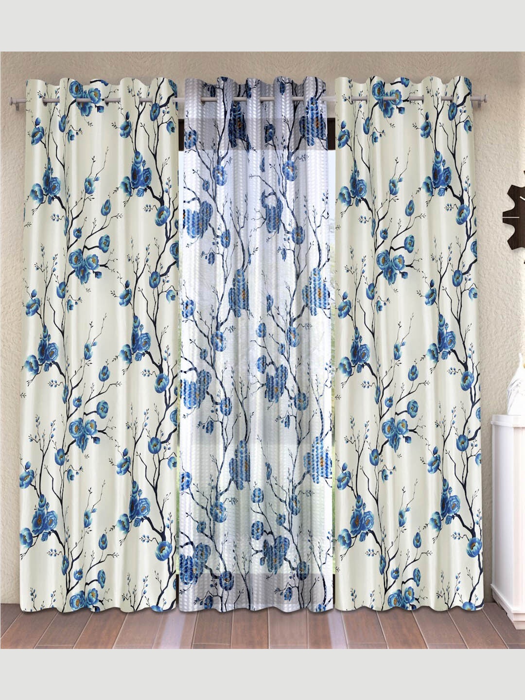

Fashion String Blue & Off White Set of 3 Floral Door Curtain