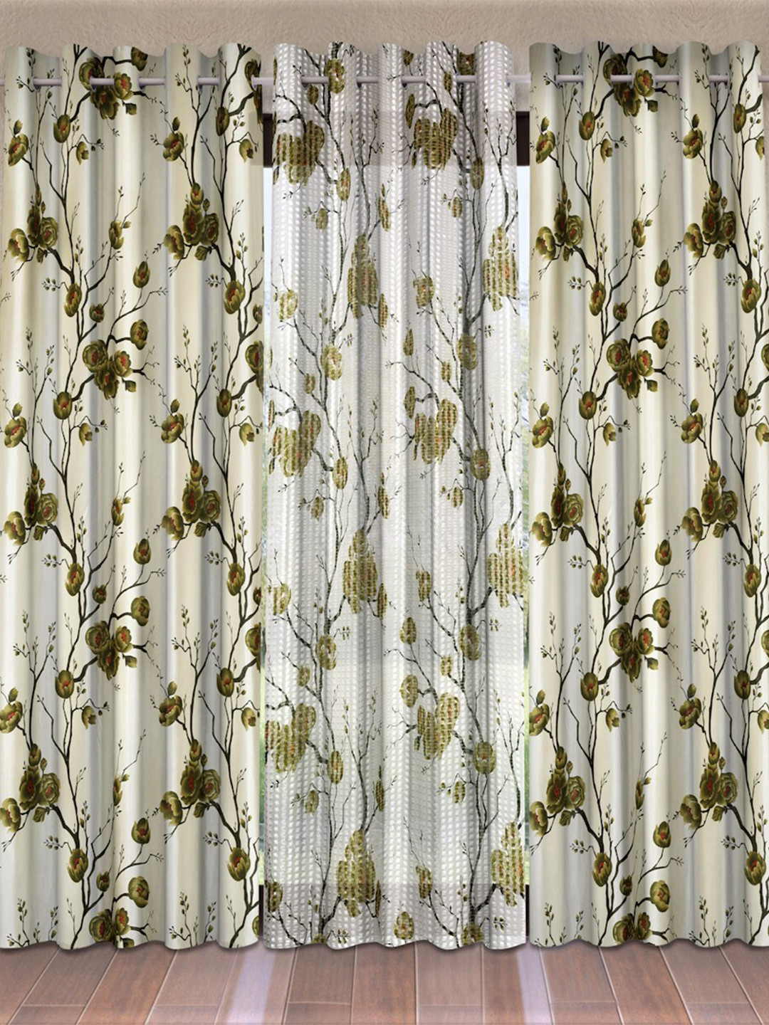 

Fashion String Green & Off White Set of 3 Floral Long Door Curtain