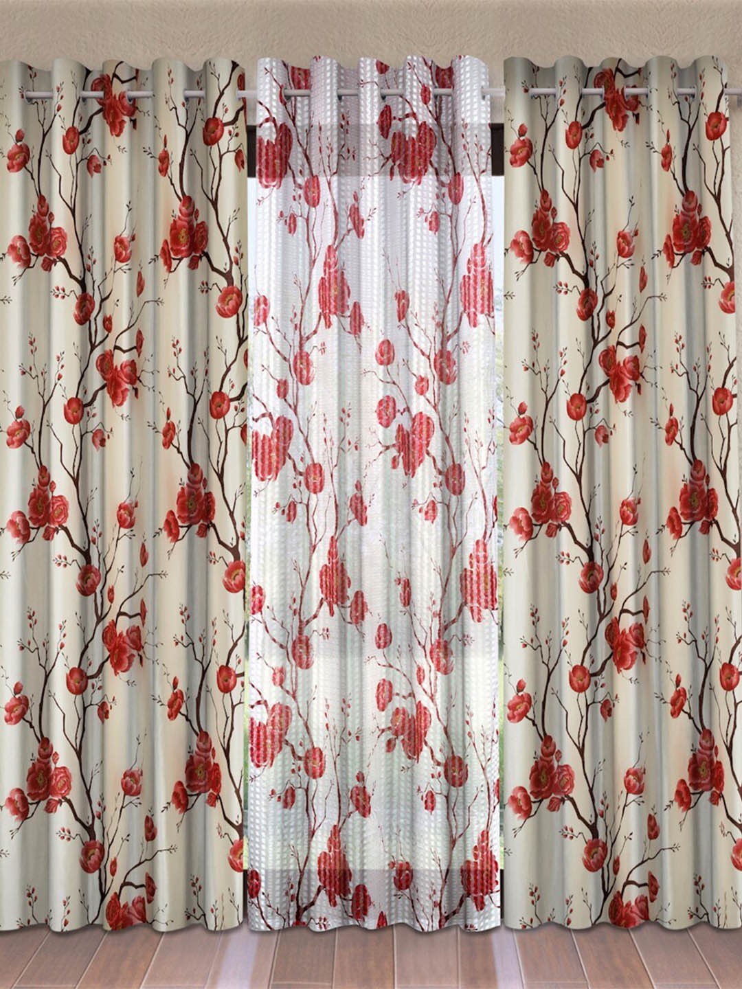 

Fashion String Red & Off White Set of 3 Floral Window Curtain