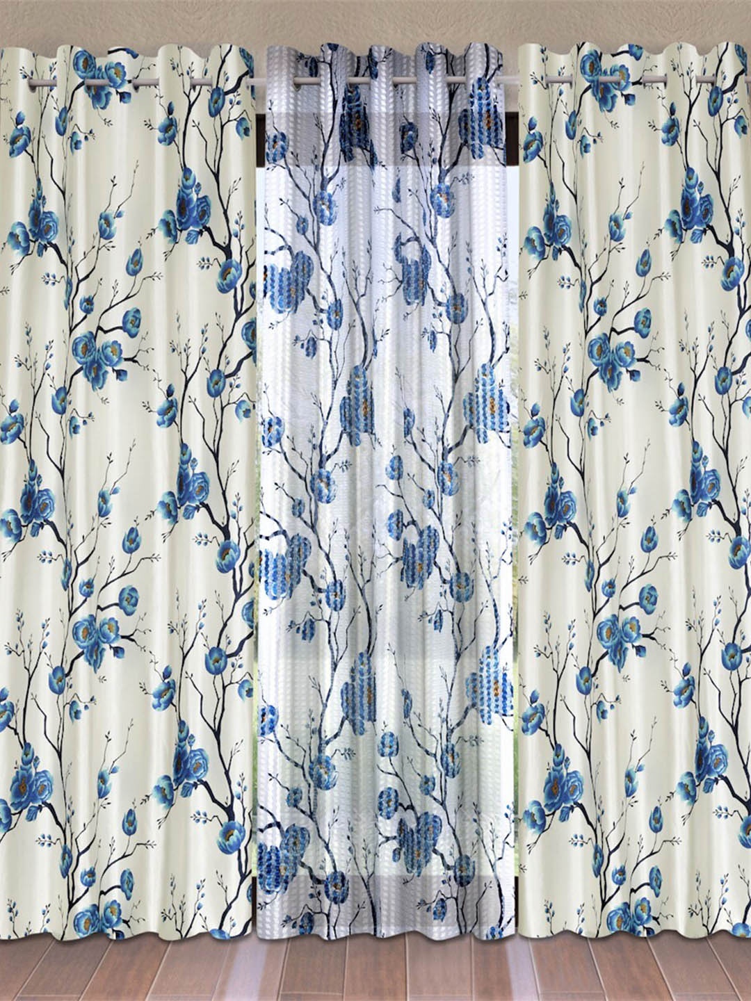

Fashion String Blue & Off White Set of 3 Floral Long Door Curtain