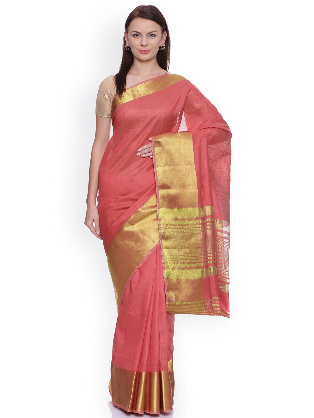 

MIMOSA Coral Red Art Silk Solid Kanjeevaram Saree