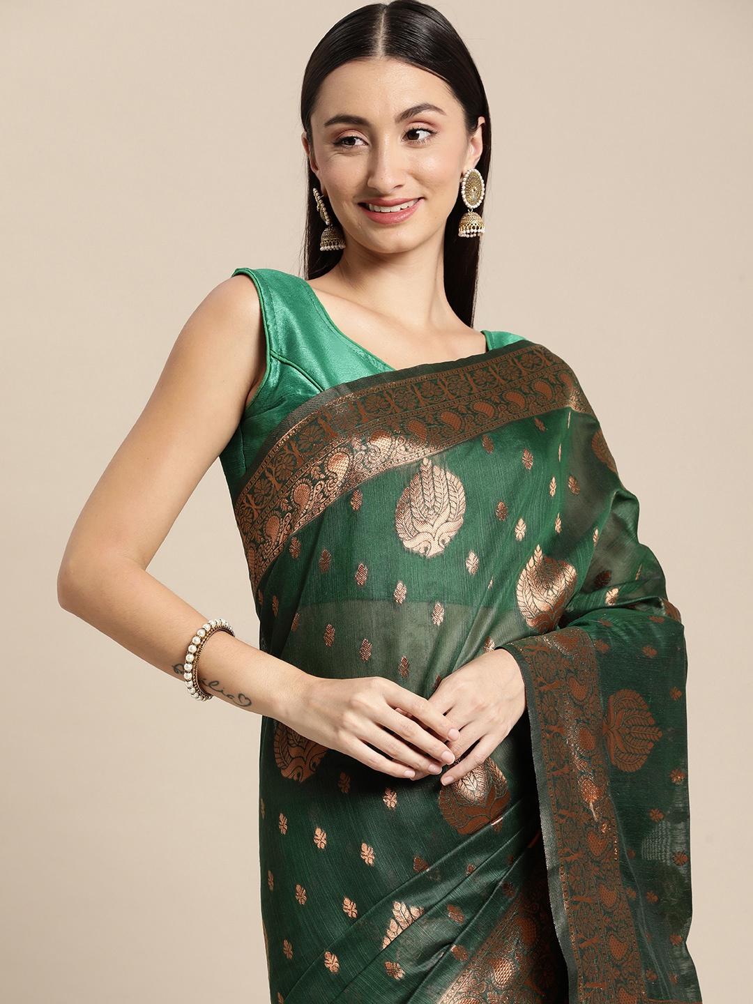 

Mitera Green & Copper-Toned Woven Design Zari Silk Cotton Banarasi Saree