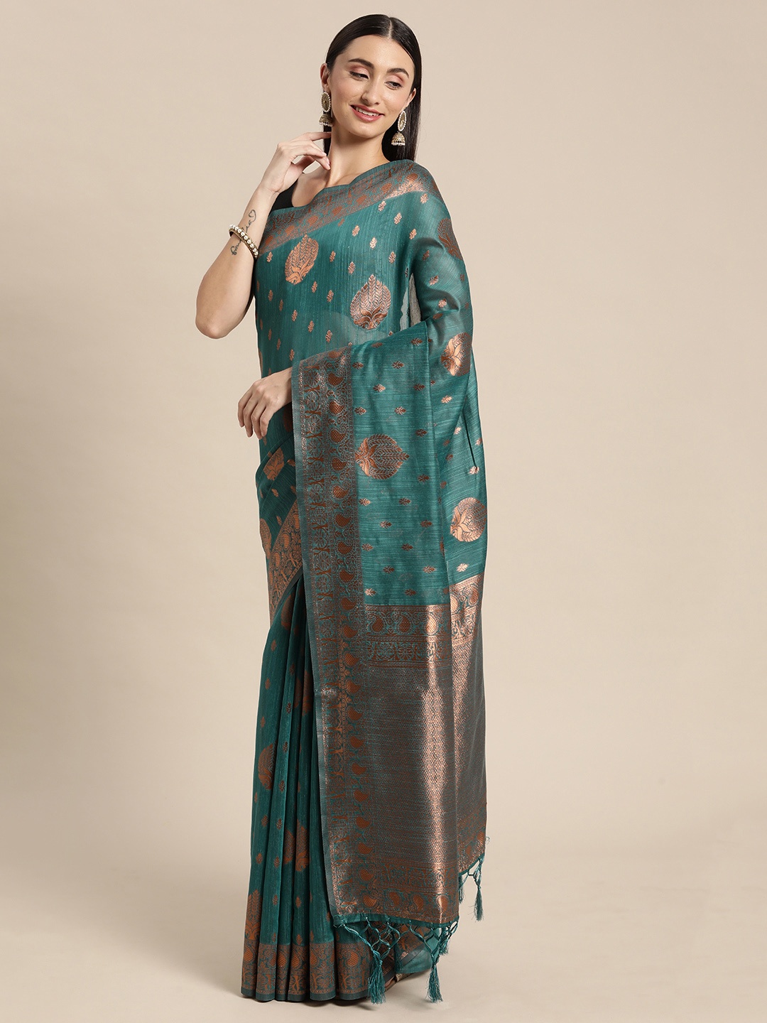 

Mitera Teal & Copper-Toned Woven Design Silk Cotton Banarasi Saree