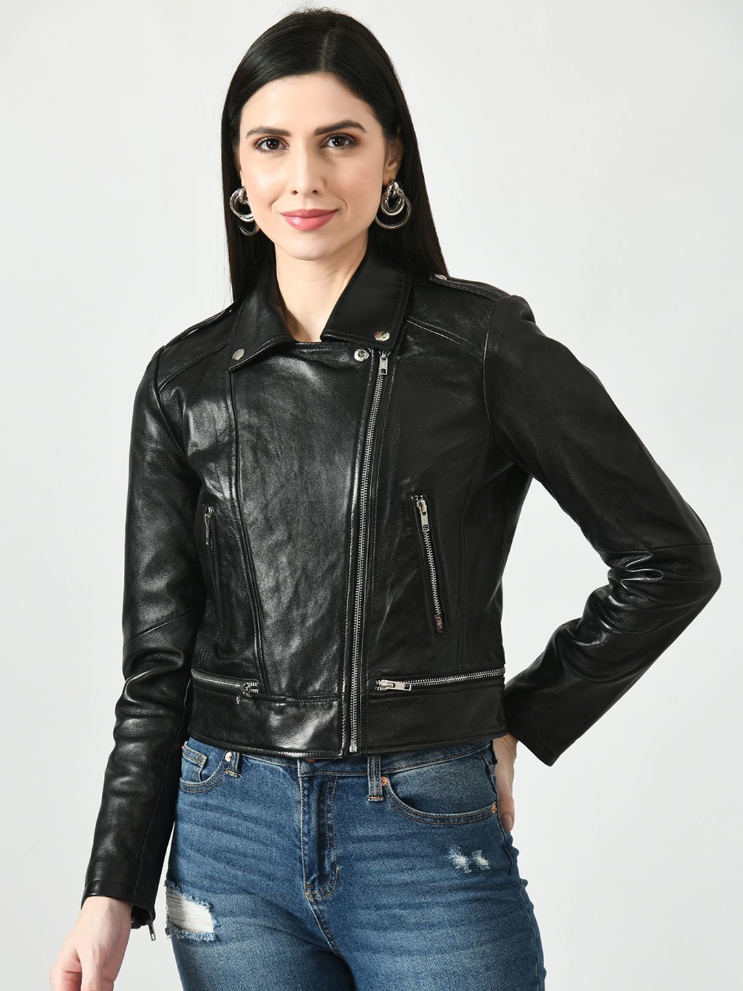 

TBOJ Women Black Leather Lightweight Crop Outdoor Biker Jacket