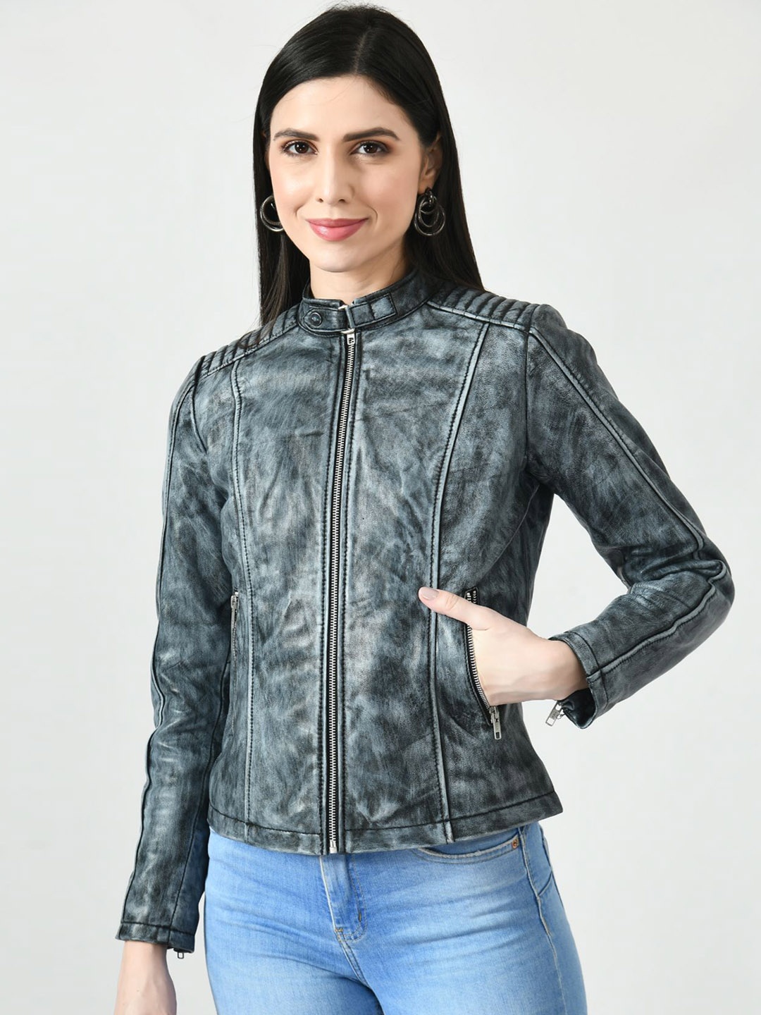 

TBOJ Women Blue Lightweight Outdoor Leather Jacket