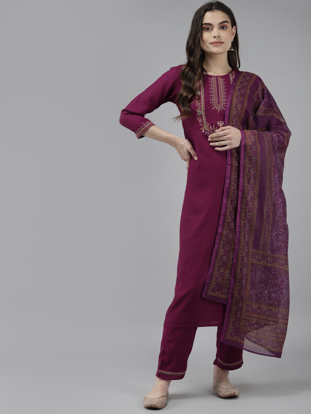 

Yufta Women Burgundy Yoke Design Layered Kurta Set With Dupatta