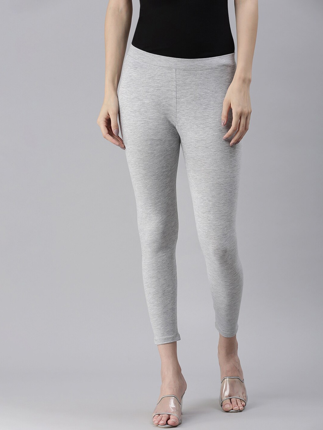 

Kryptic Women Grey Melange Solid Mid Ankle Length Leggings