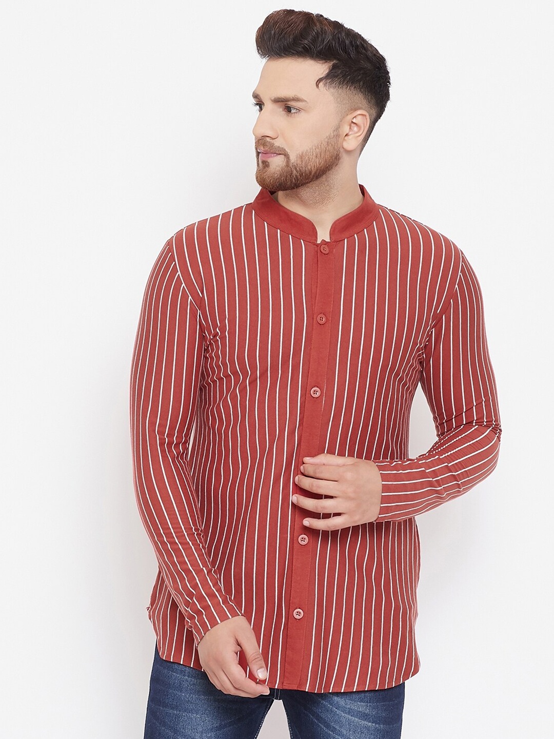 

Hypernation Men Orange Slim Fit Striped Casual Shirt