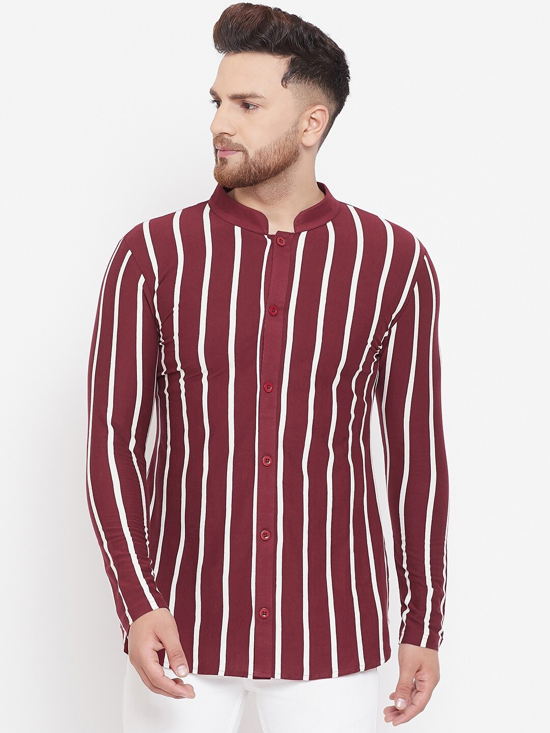 

Hypernation Men Maroon Slim Fit Striped Casual Shirt